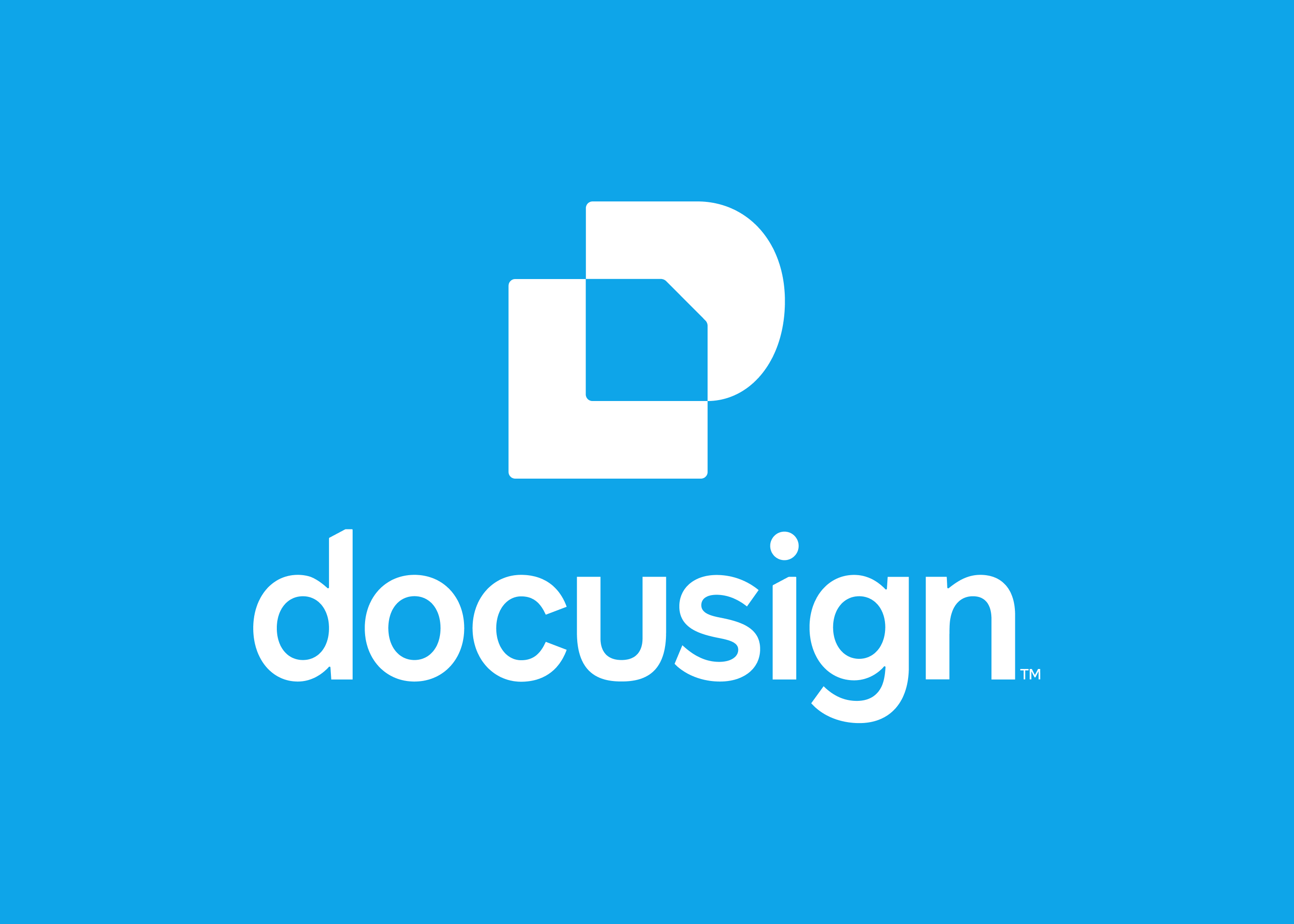 DocuSign logo with stylized overlapping D and document icon on blue background.