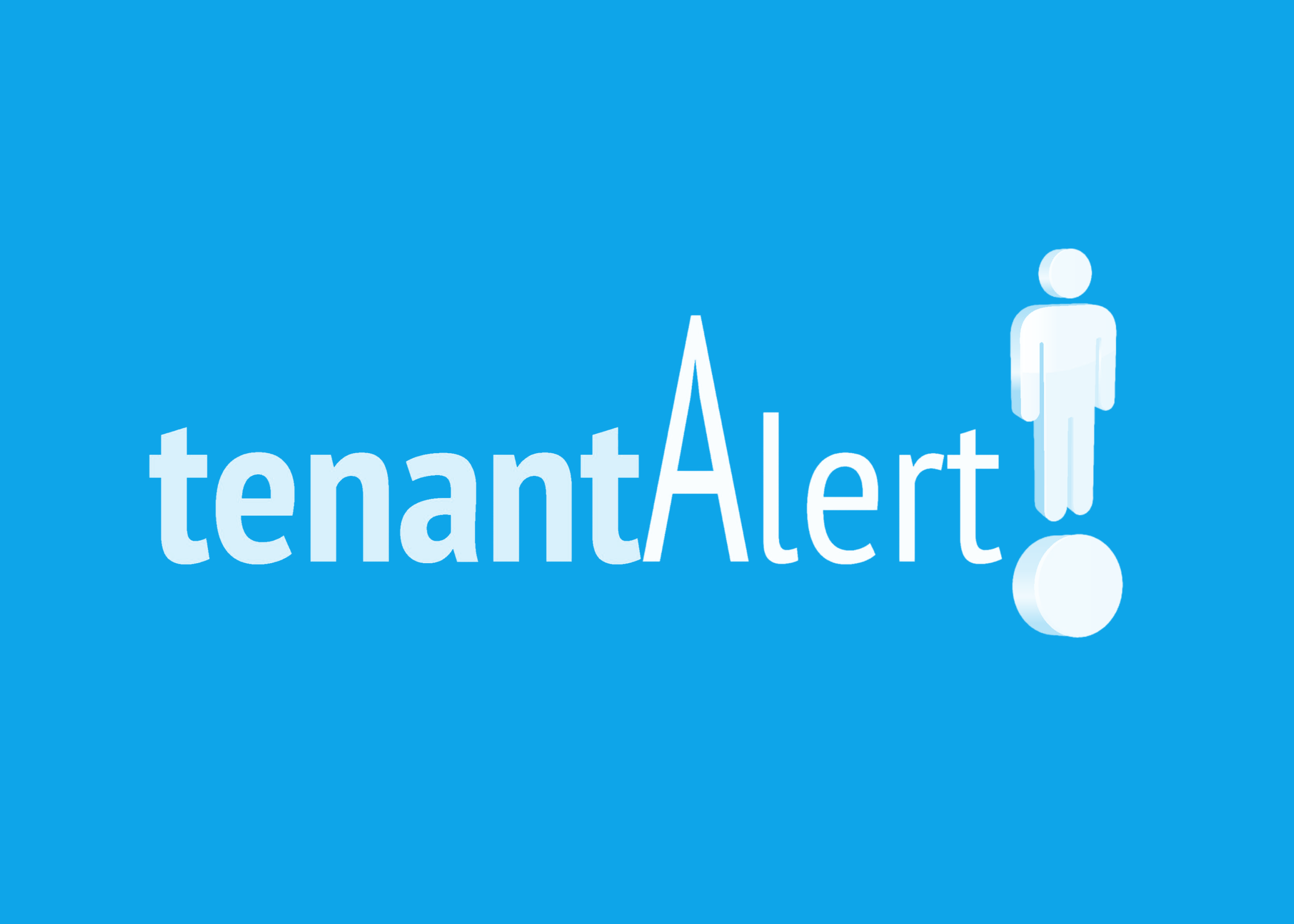 tenantAlert logo with white text and a stylized figure standing on an exclamation mark on a blue background.
