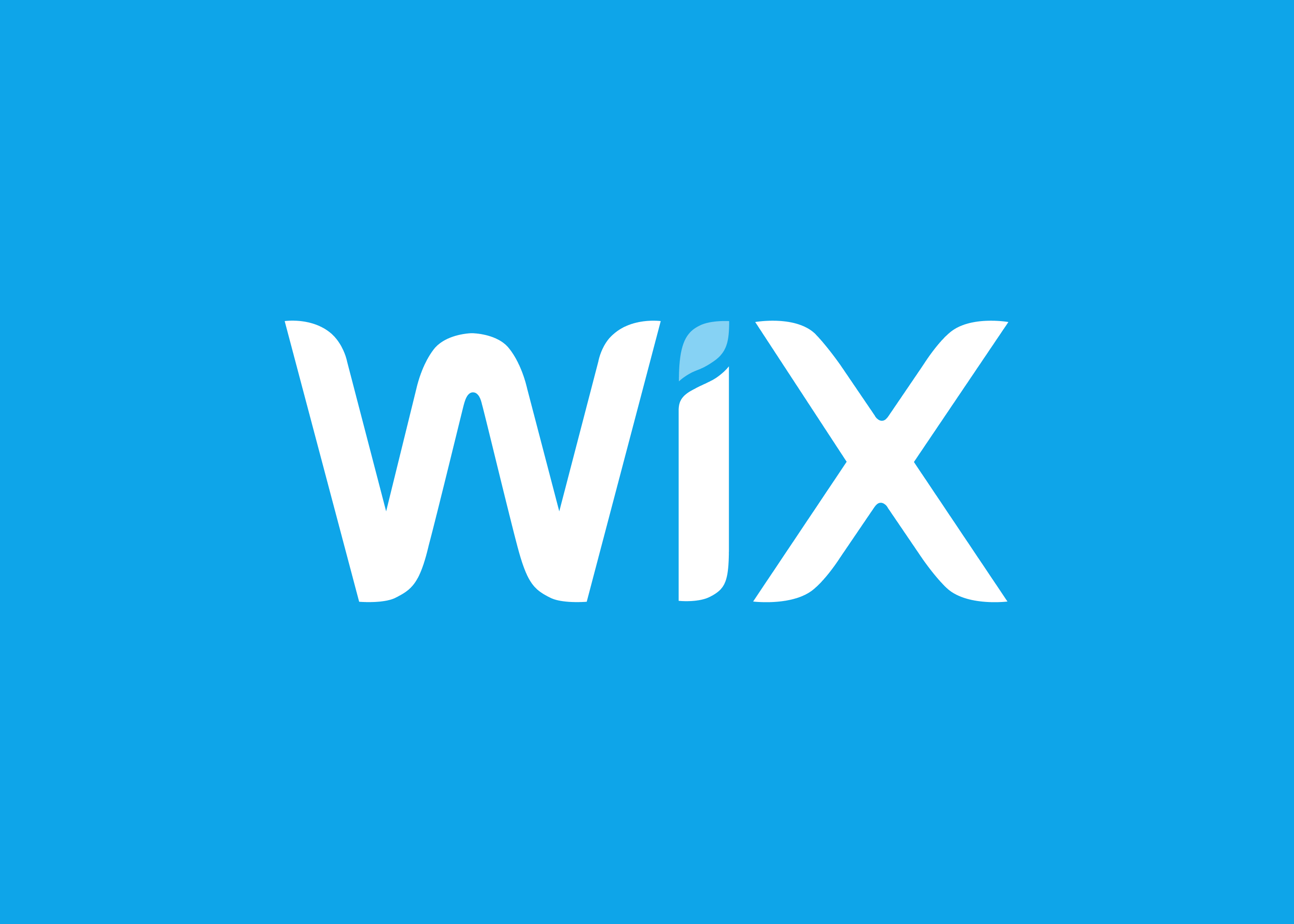 Wix logo with white letters and a blue leaf dotting the letter i on a blue background.