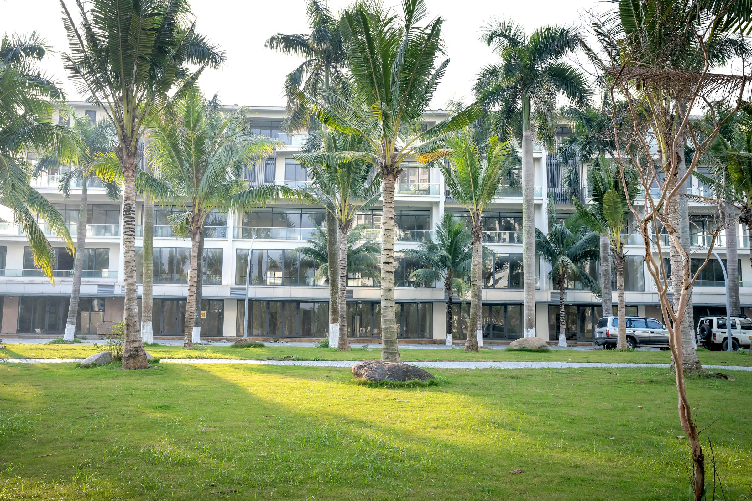 Residences at Beverly Park apartment community with palm trees and landscaped lawn